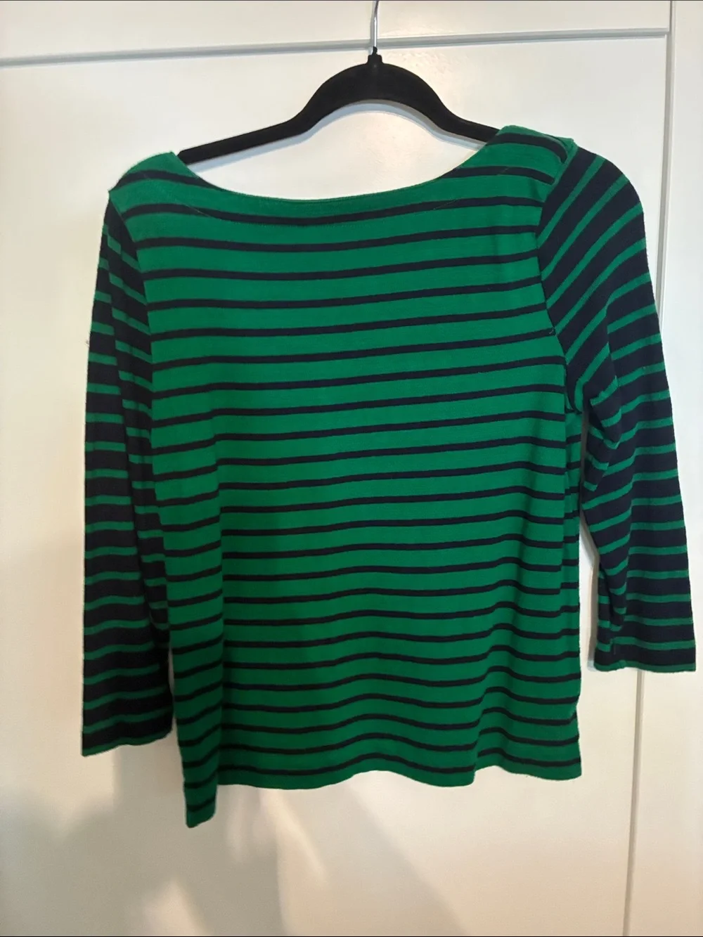 LOFT Green and Black Striped Boatneck Long Sleeve Top